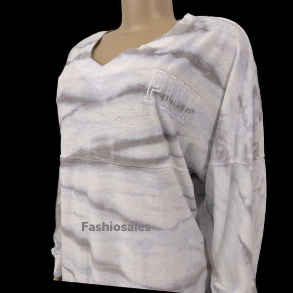 Victoria’s Secret Pink Varsity Terry V Neck Oversized Pullover white artic ice - Picture 4 of 11